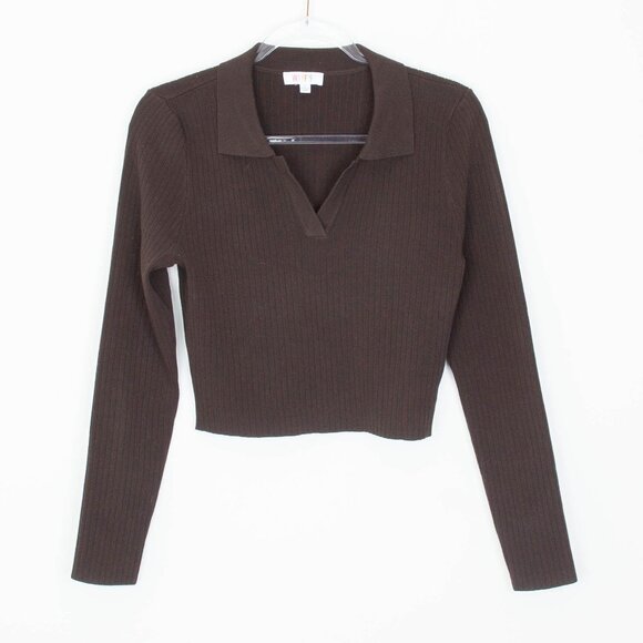 Wayf '98 Womens V Neck Crop Ribbed Sweater Size L Brown Long Sleeve Preppy Y2K - Picture 1 of 8